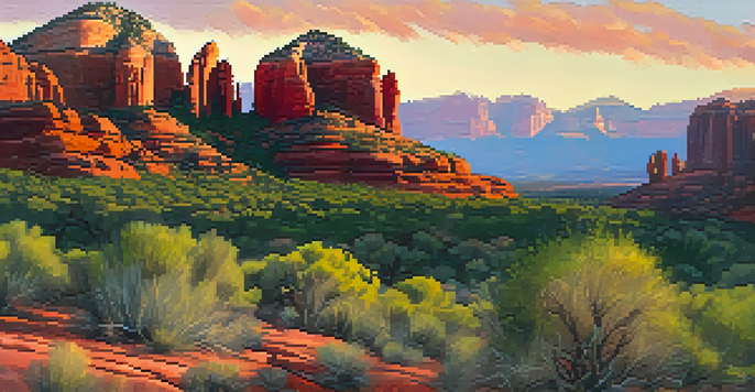 A panoramic view of the Chapel of the Holy Cross against the backdrop of Sedona's red rocks at sunset, with vibrant colors in the sky and lush greenery in the foreground.
