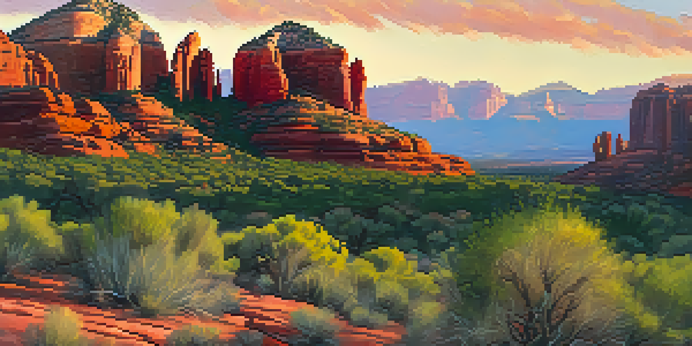 A panoramic view of the Chapel of the Holy Cross against the backdrop of Sedona's red rocks at sunset, with vibrant colors in the sky and lush greenery in the foreground.