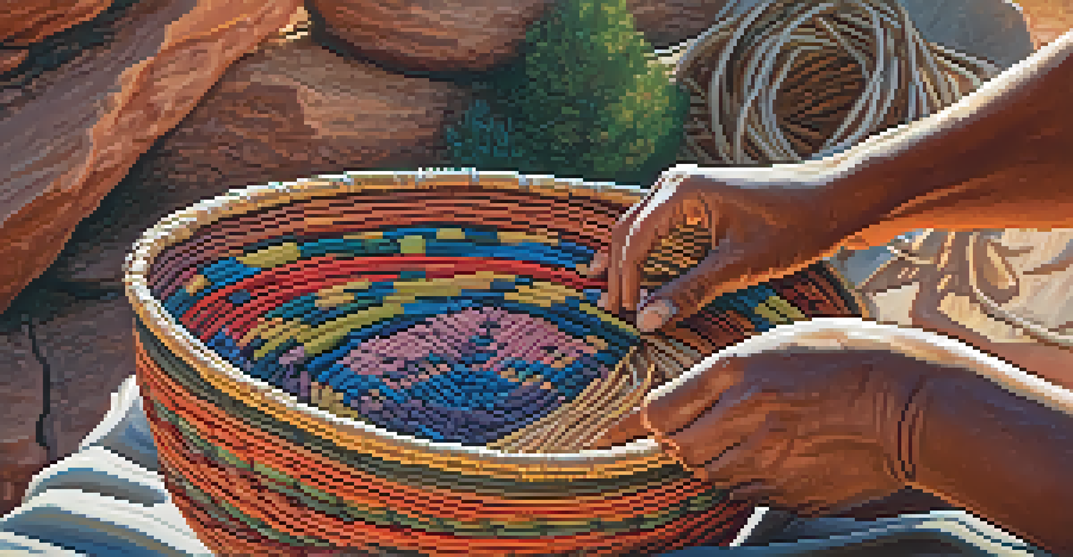 An artisan's hands weaving a colorful basket with Sedona's red rock formations in the background.