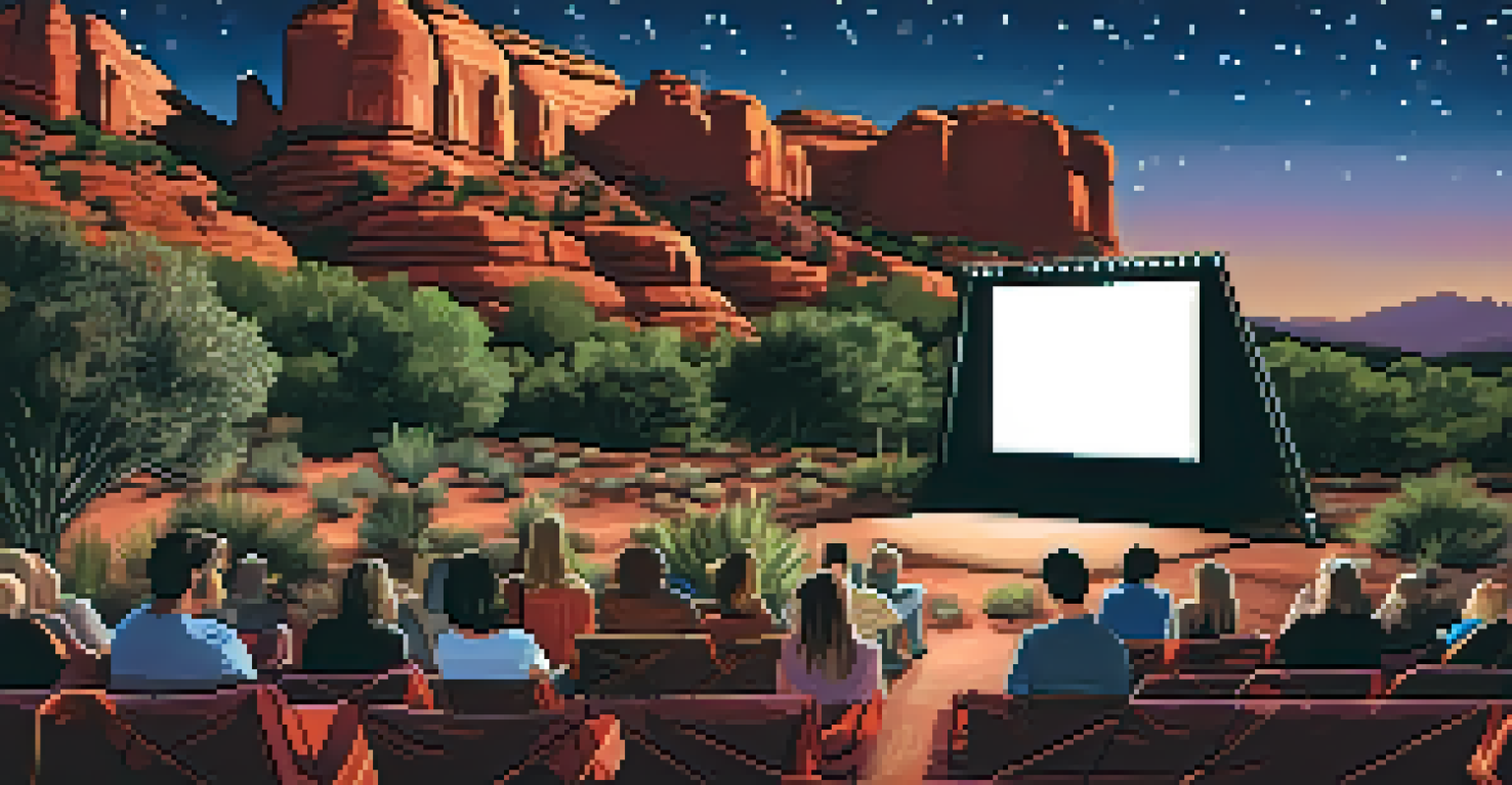 An outdoor film screening at Sedona's Film Festival with viewers on blankets and chairs in front of a large screen, surrounded by red rocks and fairy lights at night.