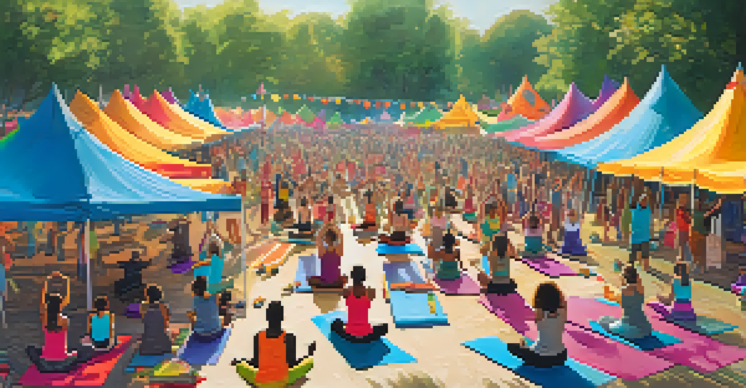A lively yoga festival scene with people practicing yoga and engaging in activities under colorful tents.