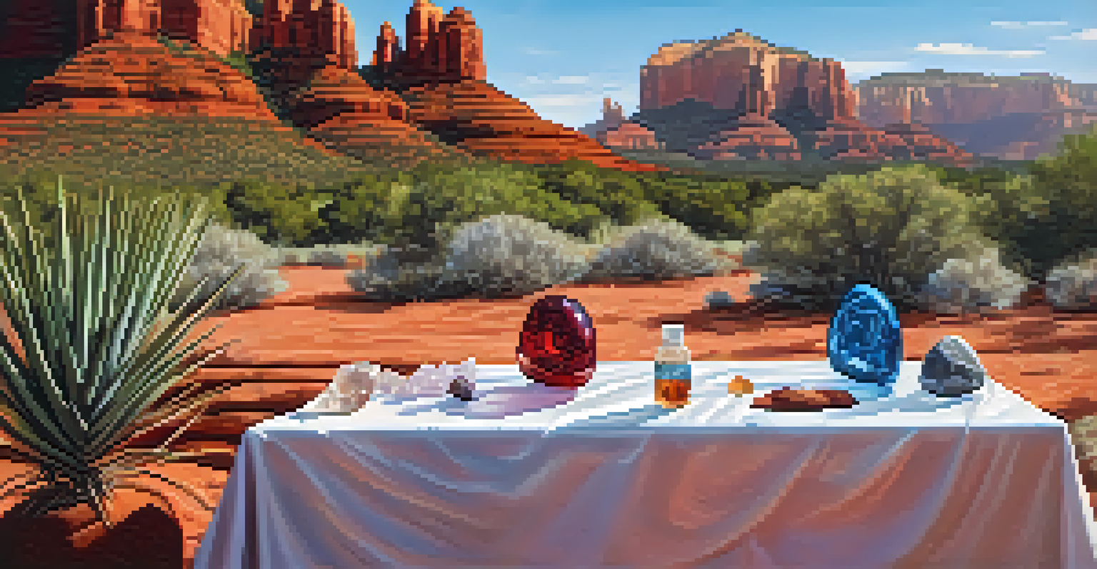 A display of colorful crystals used for healing, set against the stunning red rocks of Sedona, Arizona.