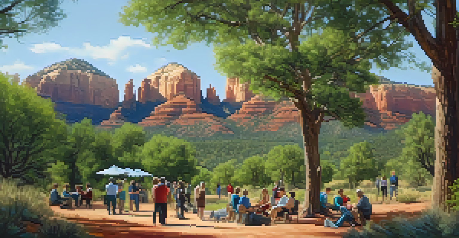 Participants practicing forest bathing in a lush, green setting in Sedona, Arizona, with sunlight filtering through the trees.