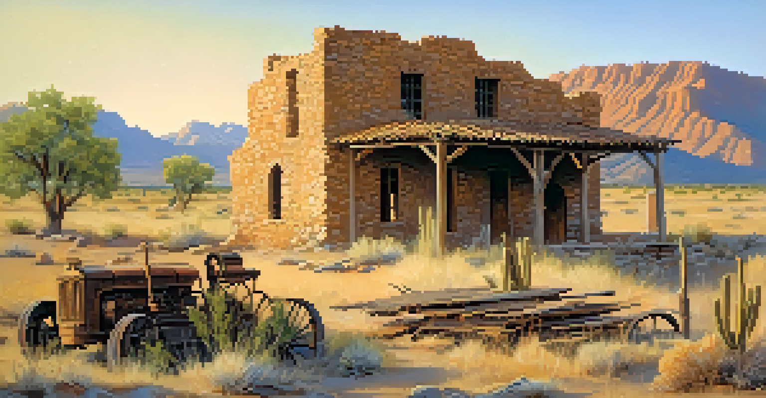 A serene view of the ruins in Cottonwood, Arizona, surrounded by desert vegetation and mountains.