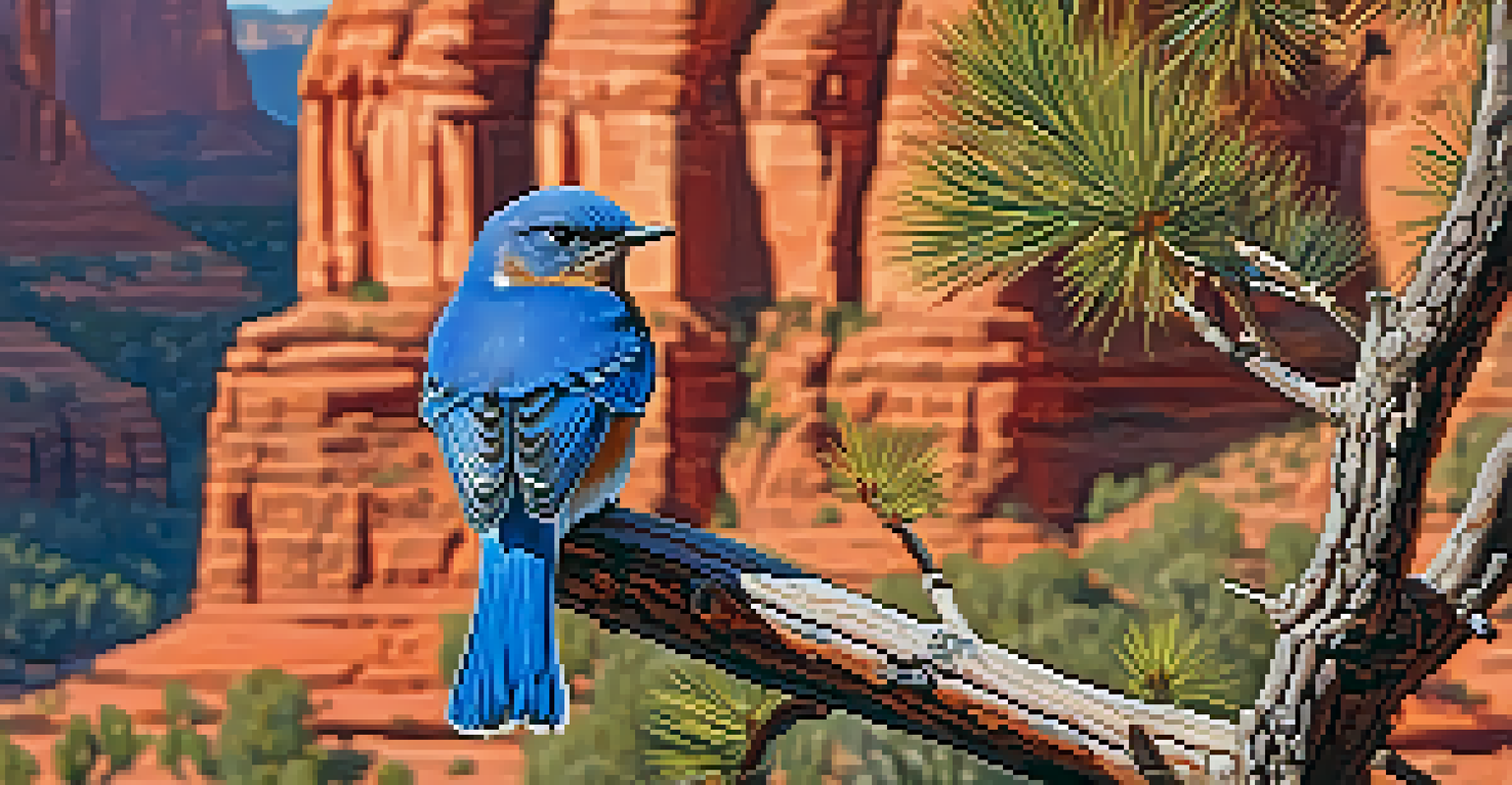 A Western bluebird on a branch with red rock cliffs in the background.