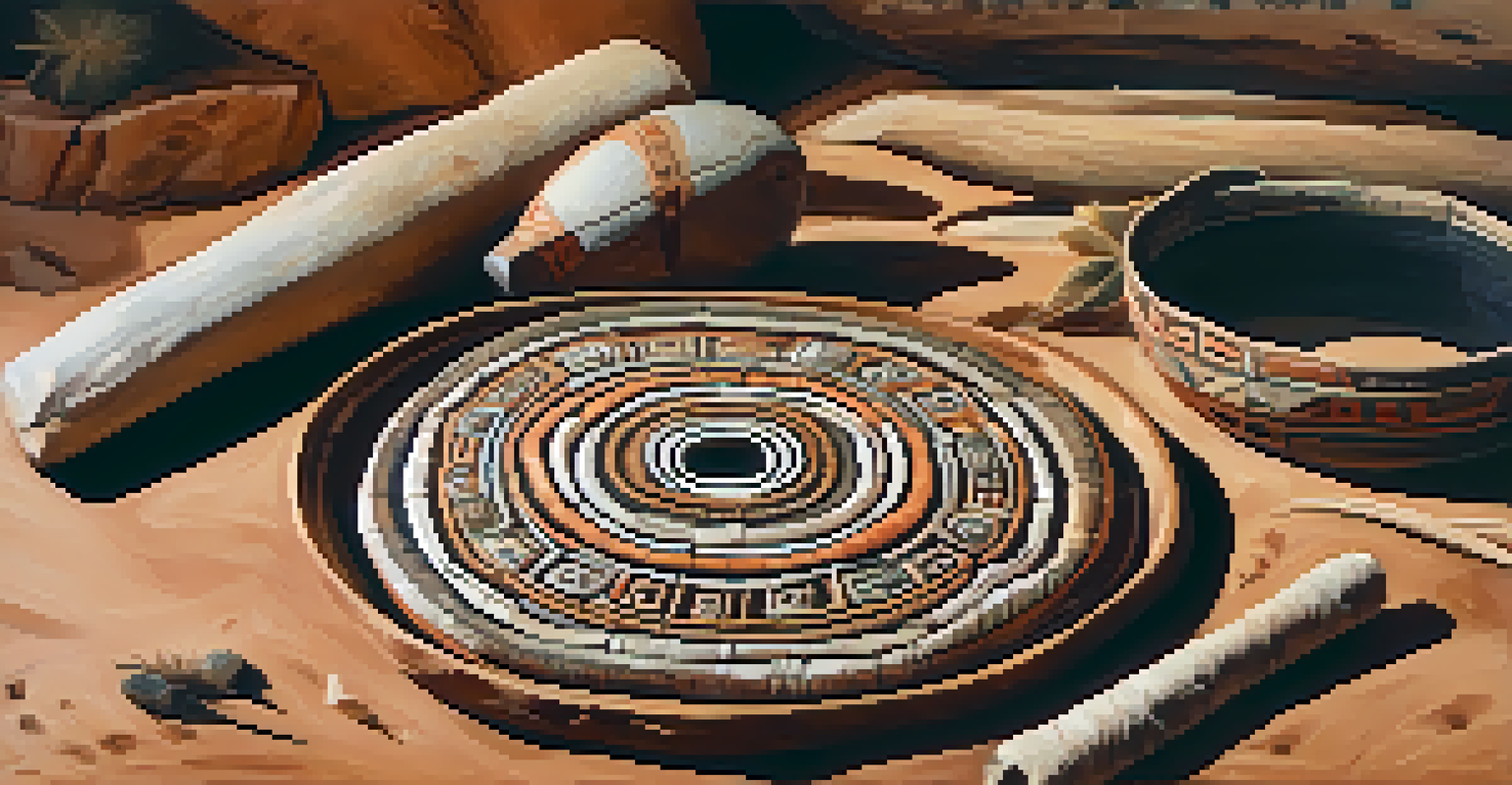 A close-up view of an ancient Sinagua artifact in a museum, showcasing intricate designs.