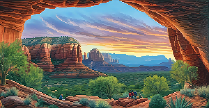 A panoramic view of Sedona's red rock formations at sunset, with artists painting a mural in the foreground.