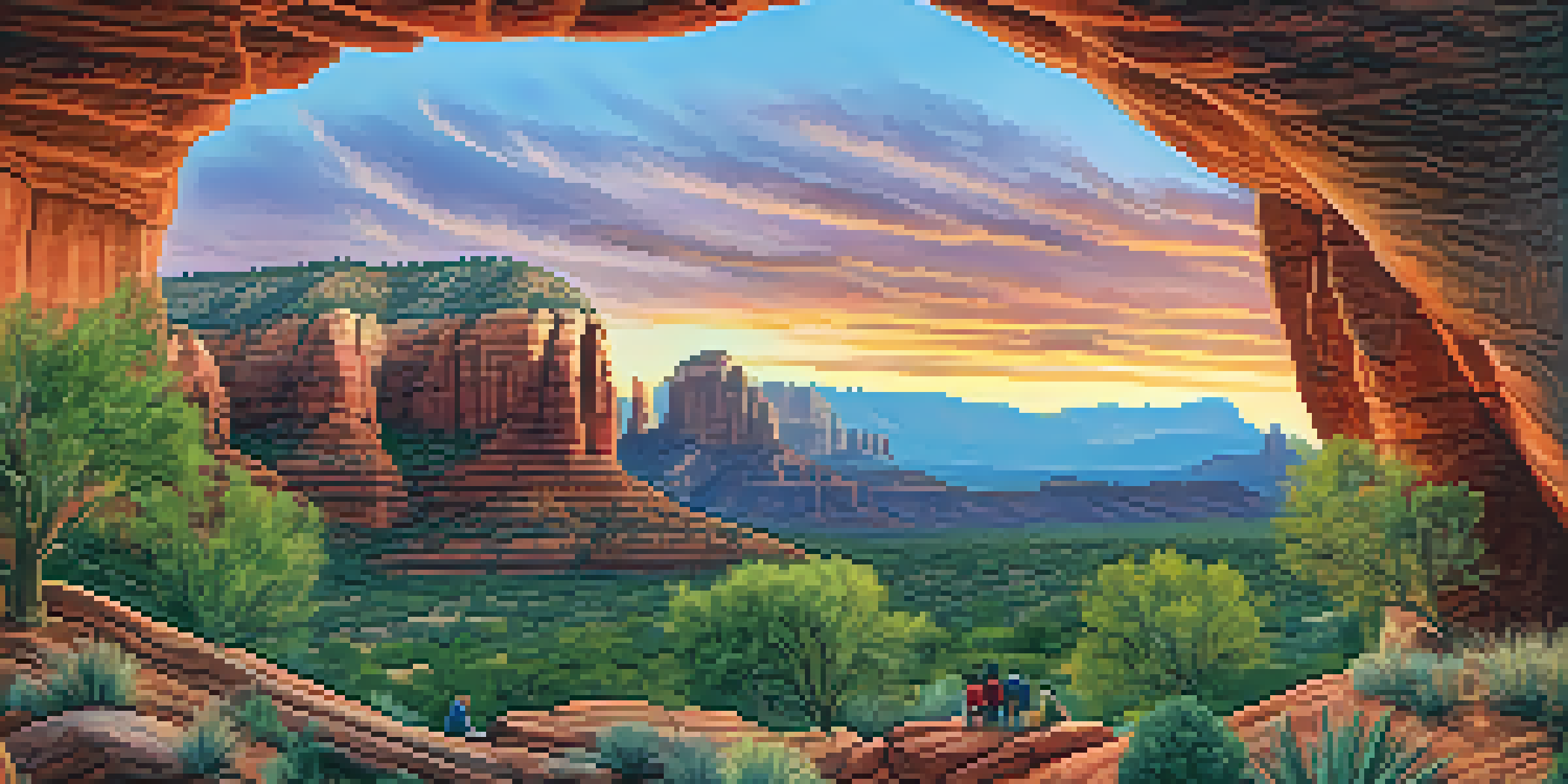 A panoramic view of Sedona's red rock formations at sunset, with artists painting a mural in the foreground.
