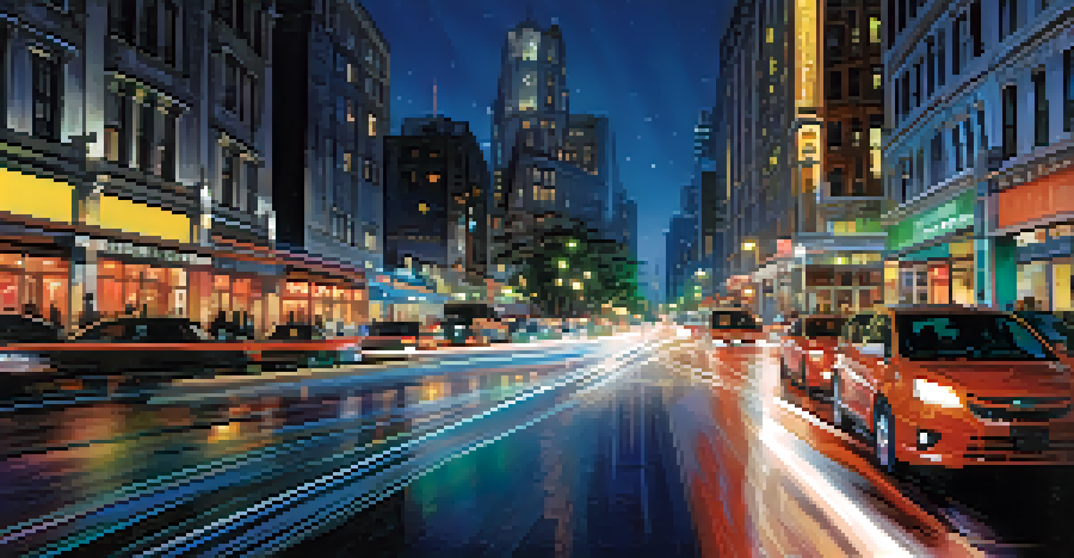 A nighttime city street scene showing light trails from cars in motion, contrasted against still buildings.