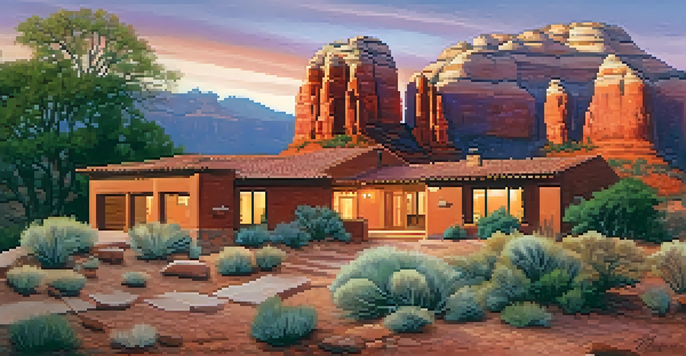 A picturesque scene showcasing Sedona's red rocks with an adobe-style home blending into the landscape under a colorful sunset.