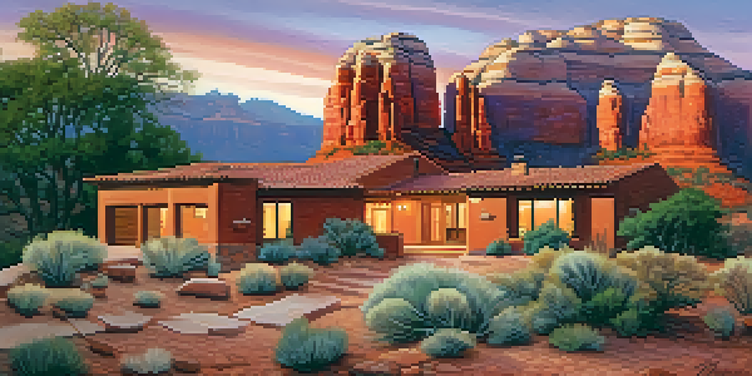 A picturesque scene showcasing Sedona's red rocks with an adobe-style home blending into the landscape under a colorful sunset.