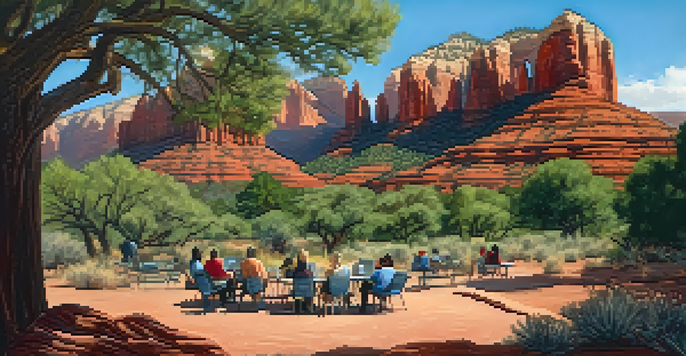 A group of diverse individuals participating in a genealogy workshop surrounded by red rock formations in Sedona, Arizona, with notebooks and laptops.