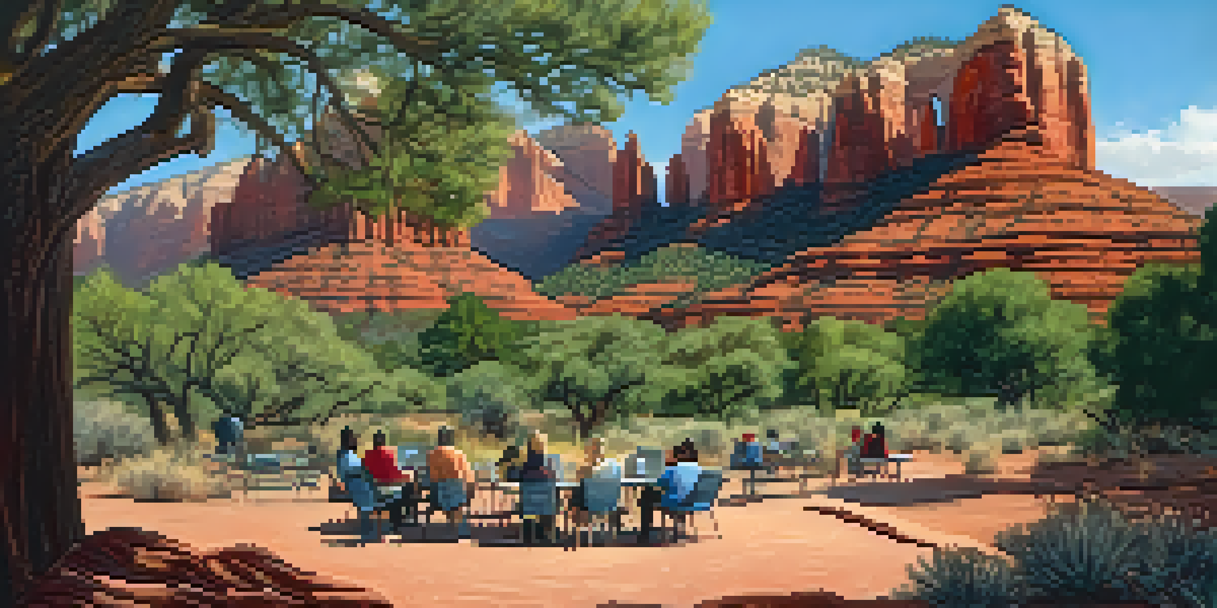 A group of diverse individuals participating in a genealogy workshop surrounded by red rock formations in Sedona, Arizona, with notebooks and laptops.