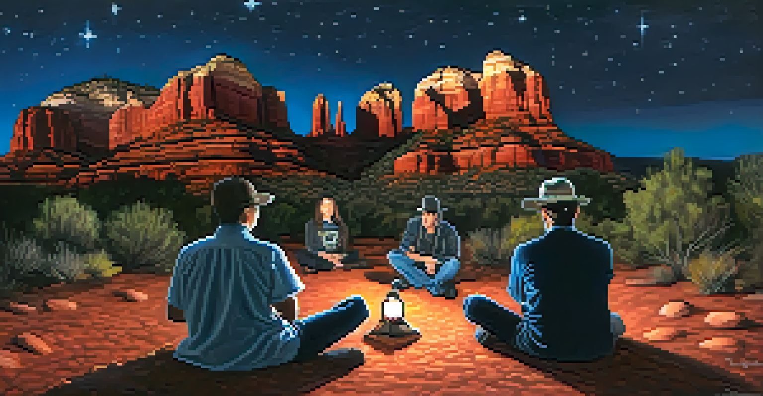 A group of visitors on a ghost tour in Sedona, with red rocks and a starry sky in the background.