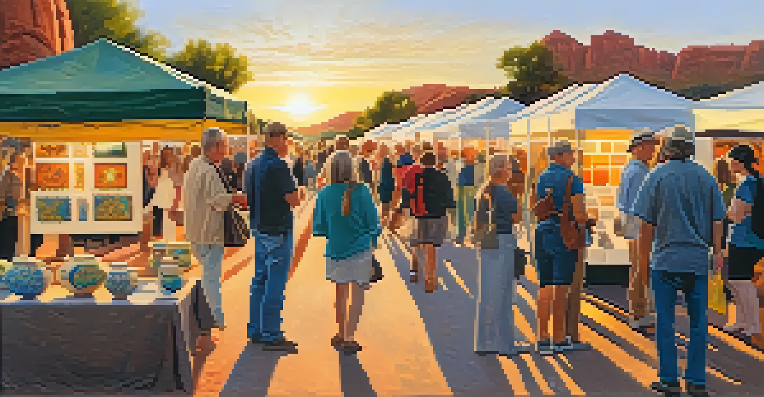 Visitors enjoying an art fair in Sedona, browsing through ceramics and textiles as the sun sets, creating a warm atmosphere.