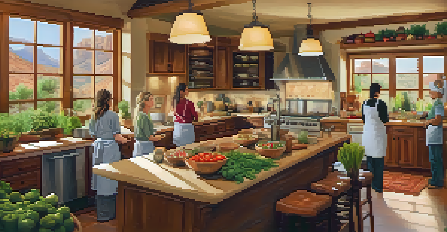 Guests participating in a culinary workshop, cooking with fresh organic ingredients in a cozy kitchen.
