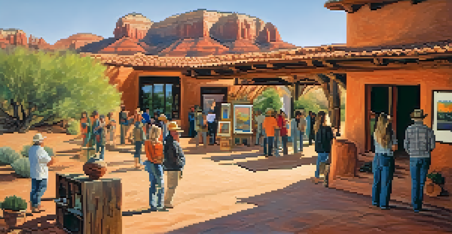 An art show in an adobe home, featuring local artists and visitors admiring colorful artworks against the warm adobe walls.