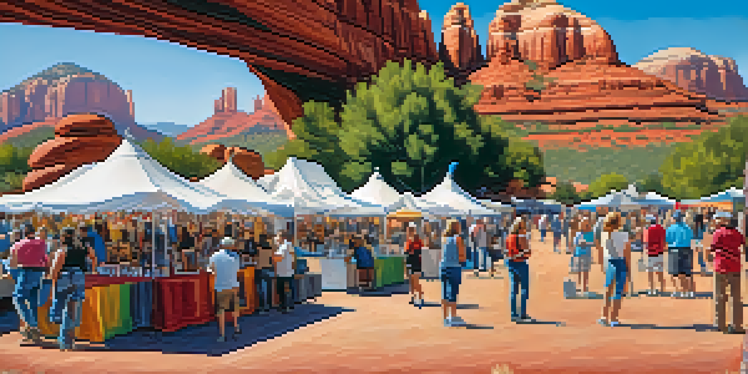 A lively outdoor art festival in Sedona with local artists displaying their work against a backdrop of red rock formations.