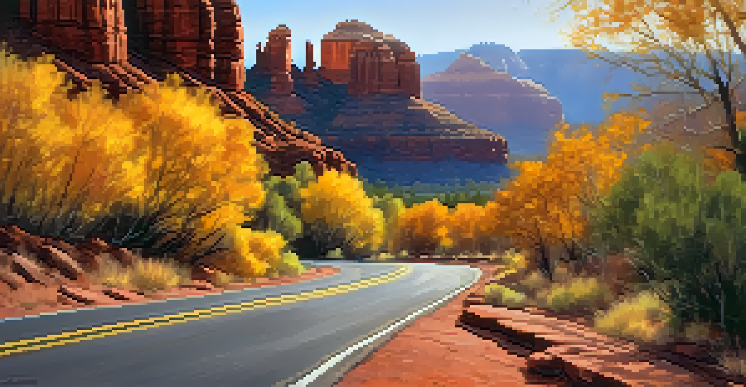 A scenic autumn drive along the Red Rock Scenic Byway in Sedona, showcasing colorful fall foliage and red rock formations.