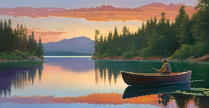 An angler fishing from a small boat on Lower Lake Mary at sunset, with calm waters and vibrant colors in the sky.