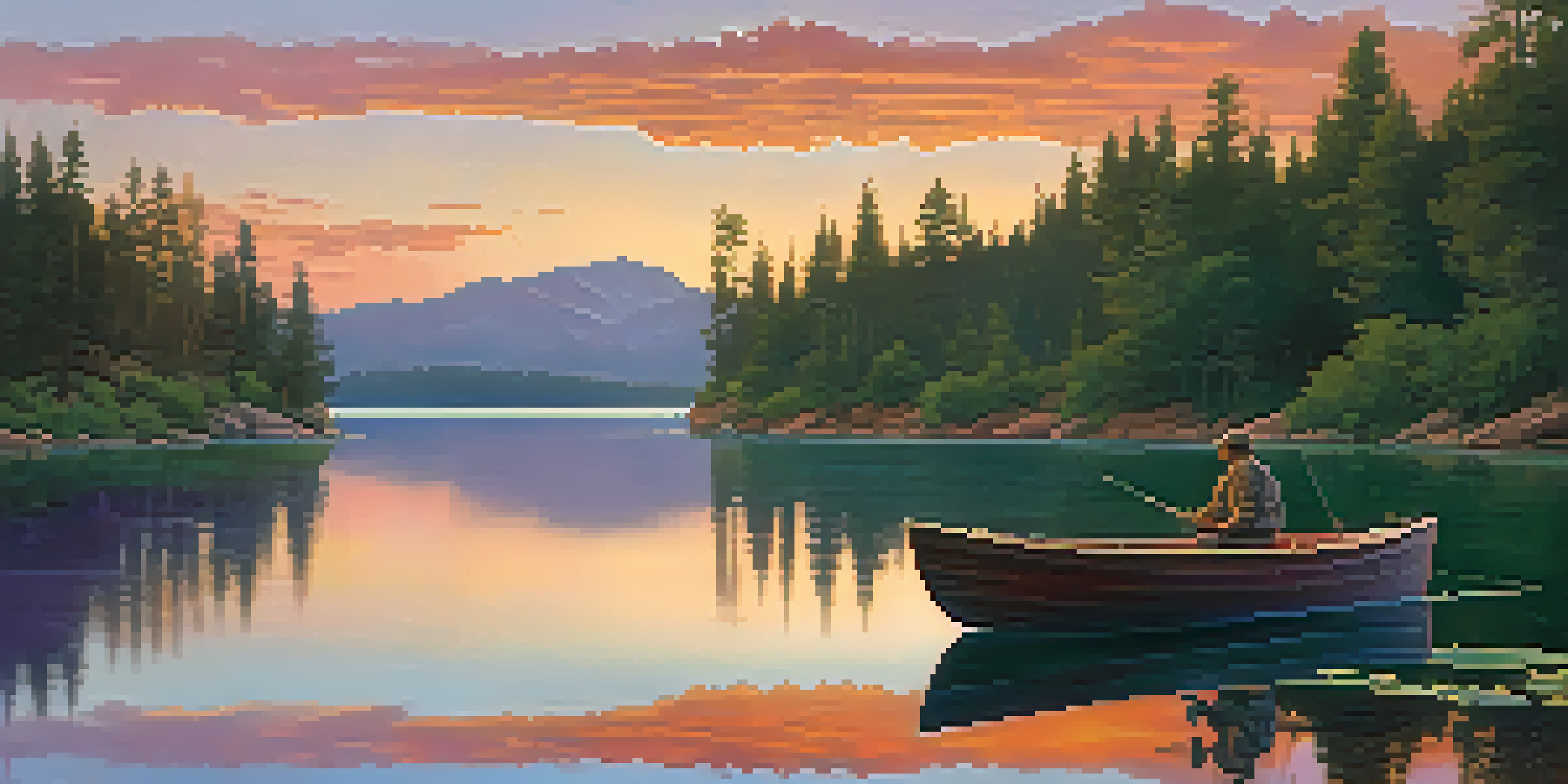 An angler fishing from a small boat on Lower Lake Mary at sunset, with calm waters and vibrant colors in the sky.