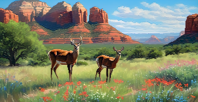 A picturesque view of Sedona with red rock formations, a family of deer in a meadow, and birds in the sky.