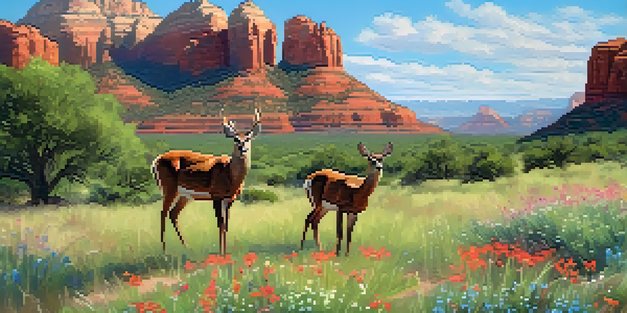 A picturesque view of Sedona with red rock formations, a family of deer in a meadow, and birds in the sky.