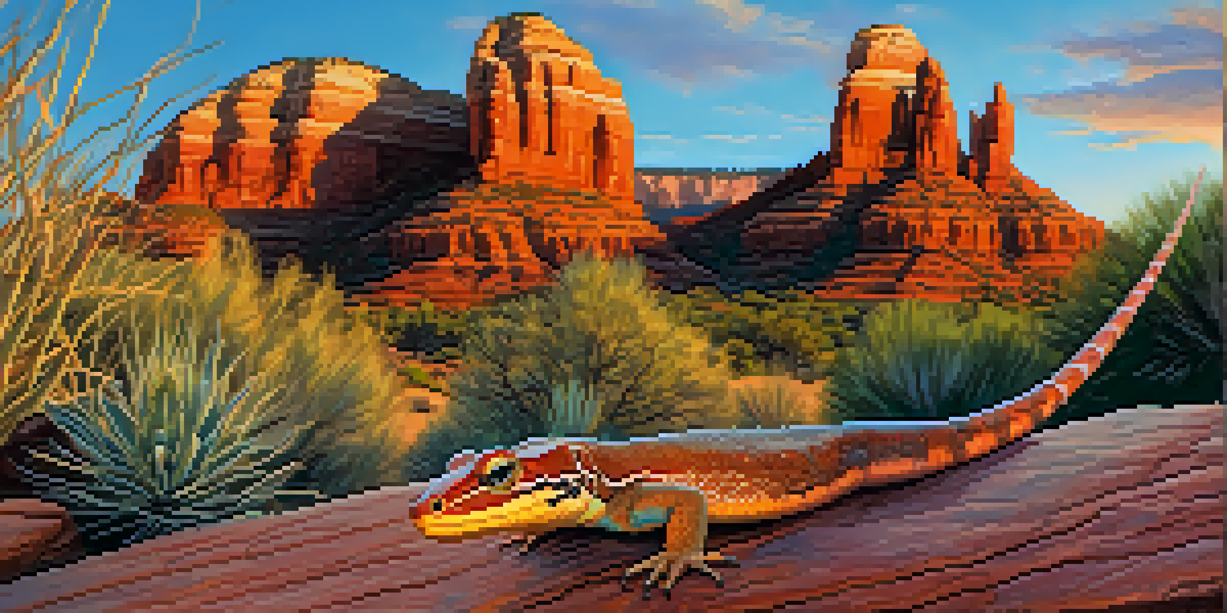 A Western Whiptail lizard basking on a sunlit rock in front of Sedona's red rock formations during sunset.
