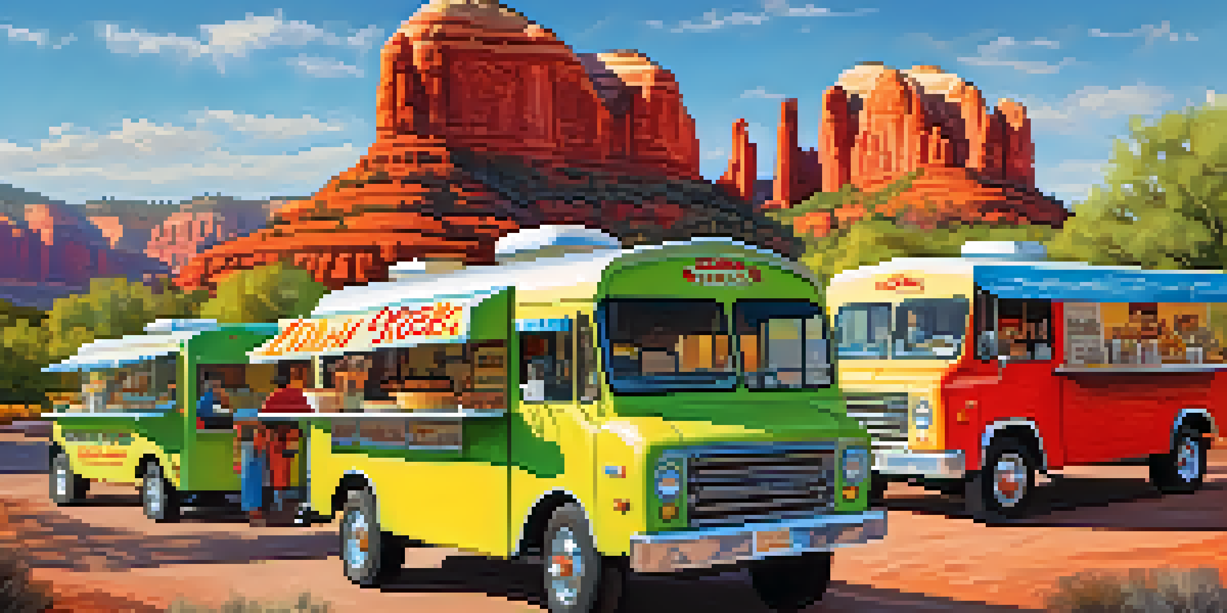 A scene of colorful food trucks in Sedona with people enjoying food and stunning red rock formations in the background.