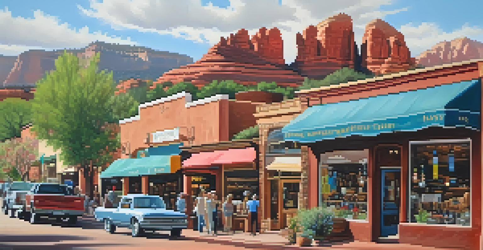 Historic downtown Sedona with shops, flowers, and red rock formations in the background.