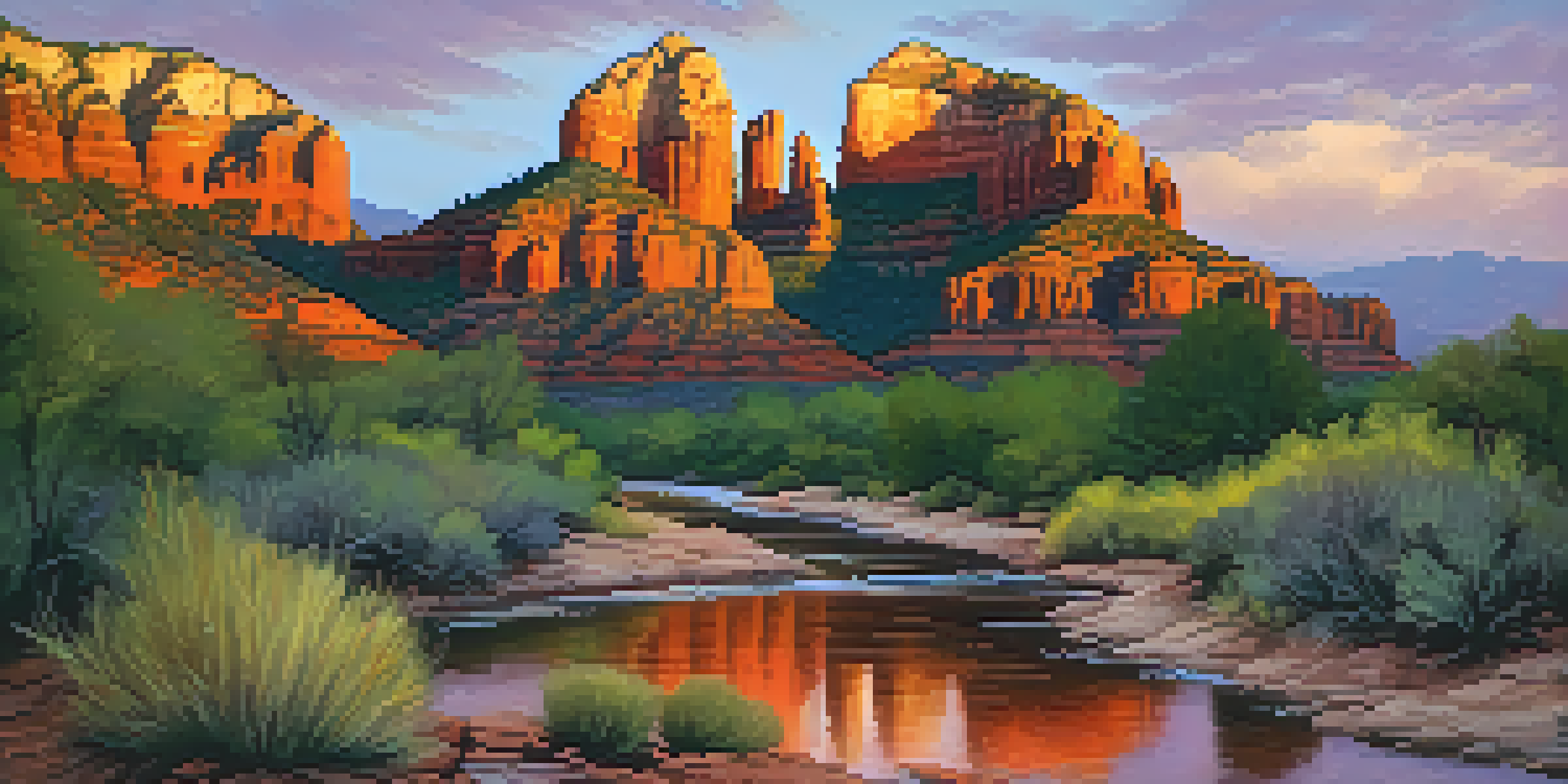 A stunning sunset over Sedona's red rock formations, featuring a creek reflecting the colorful sky and surrounded by greenery.