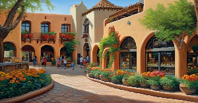 A scenic view of Tlaquepaque Arts & Shopping Village displaying traditional adobe buildings, colorful murals, and cobblestone paths under bright sunlight.