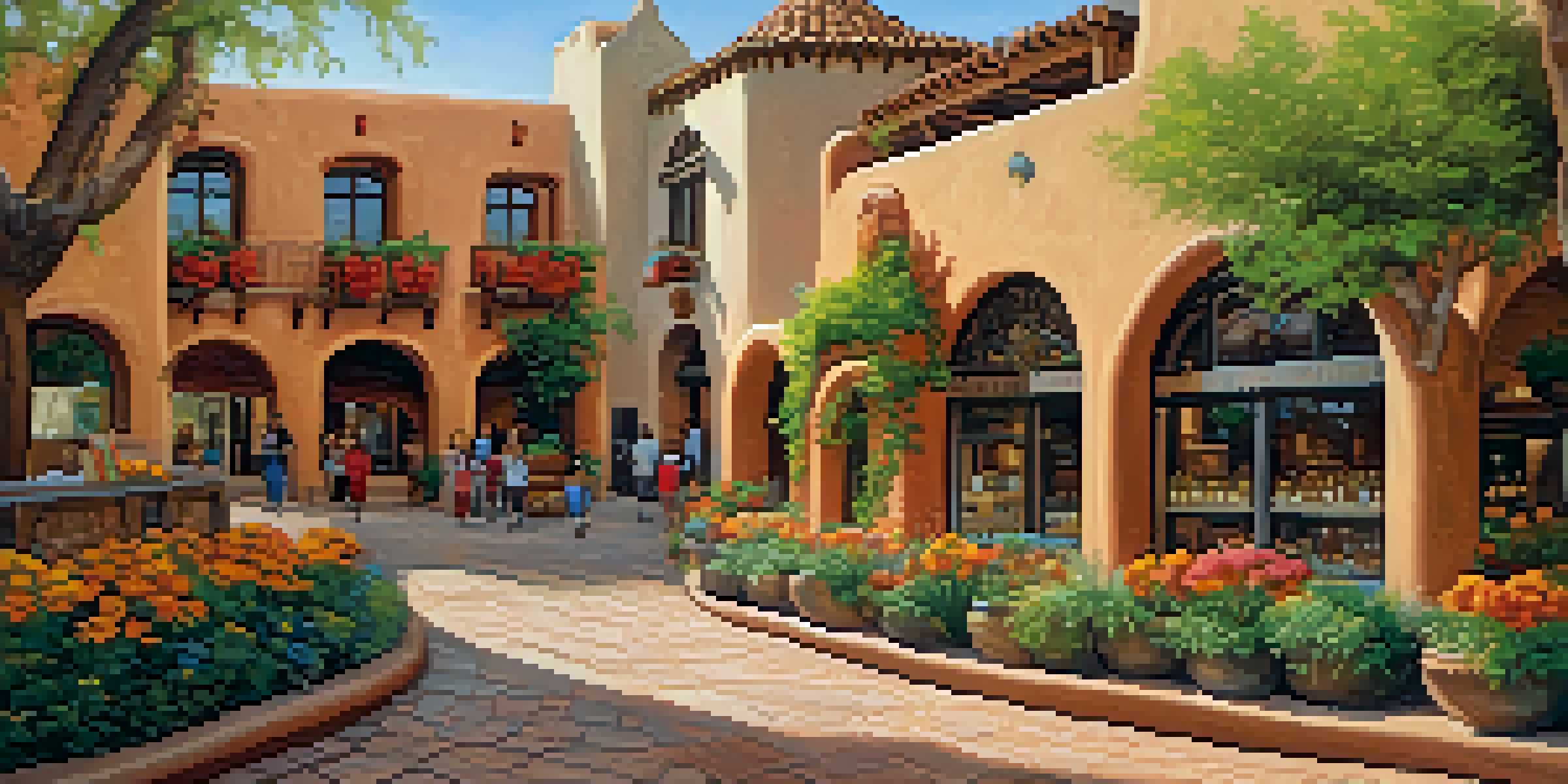 A scenic view of Tlaquepaque Arts & Shopping Village displaying traditional adobe buildings, colorful murals, and cobblestone paths under bright sunlight.