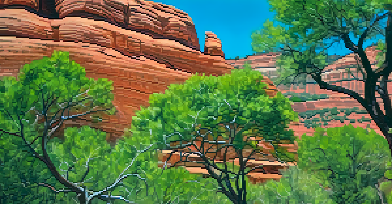 A close-up of a green tree with sunlight filtering through its leaves, set against the blurred red rocks of Sedona.