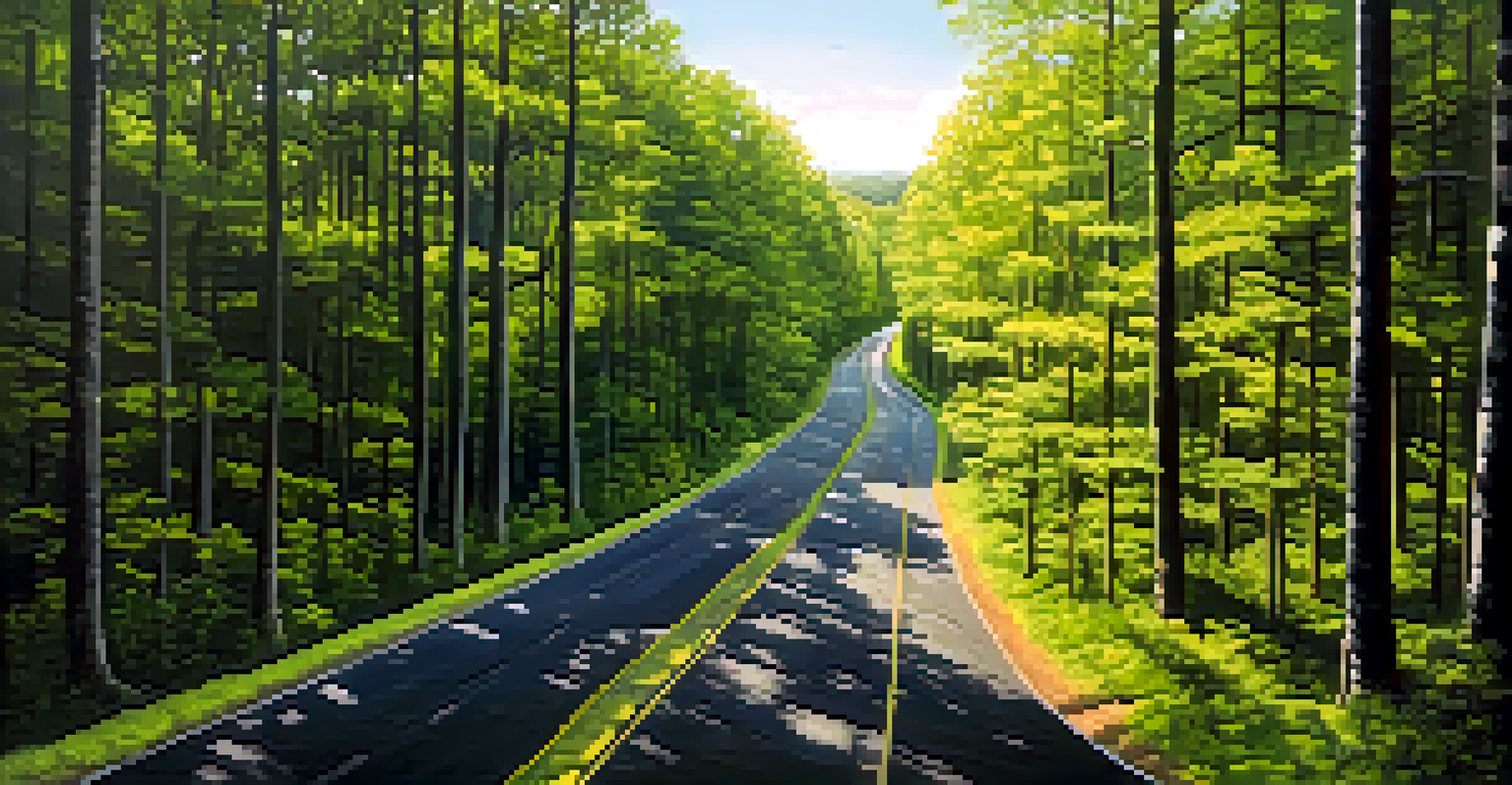 An aerial view of a winding road through a forest with sunlight breaking through the trees.