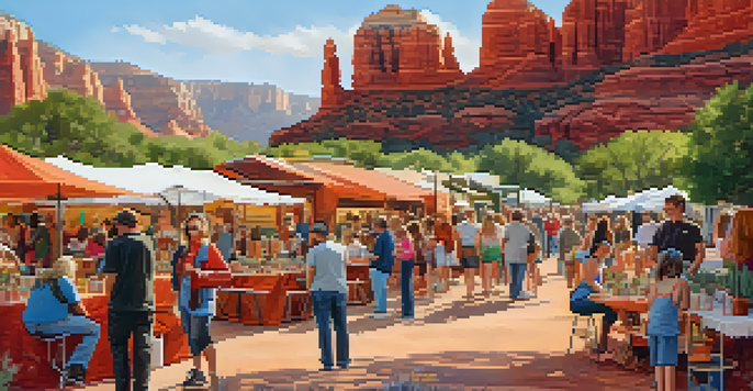 A lively outdoor festival scene at Sedona's Eco-Fest, featuring colorful booths, diverse attendees participating in eco-friendly activities, and stunning red rock formations in the background.