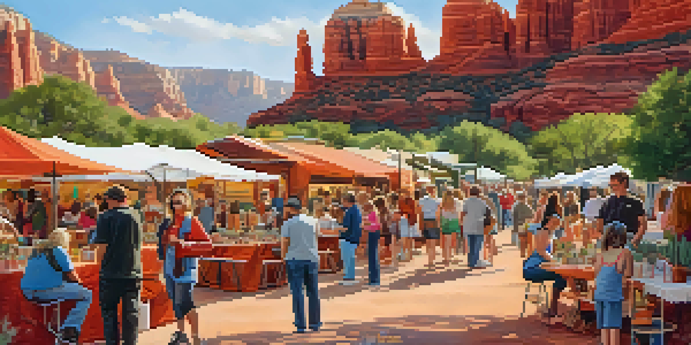 A lively outdoor festival scene at Sedona's Eco-Fest, featuring colorful booths, diverse attendees participating in eco-friendly activities, and stunning red rock formations in the background.