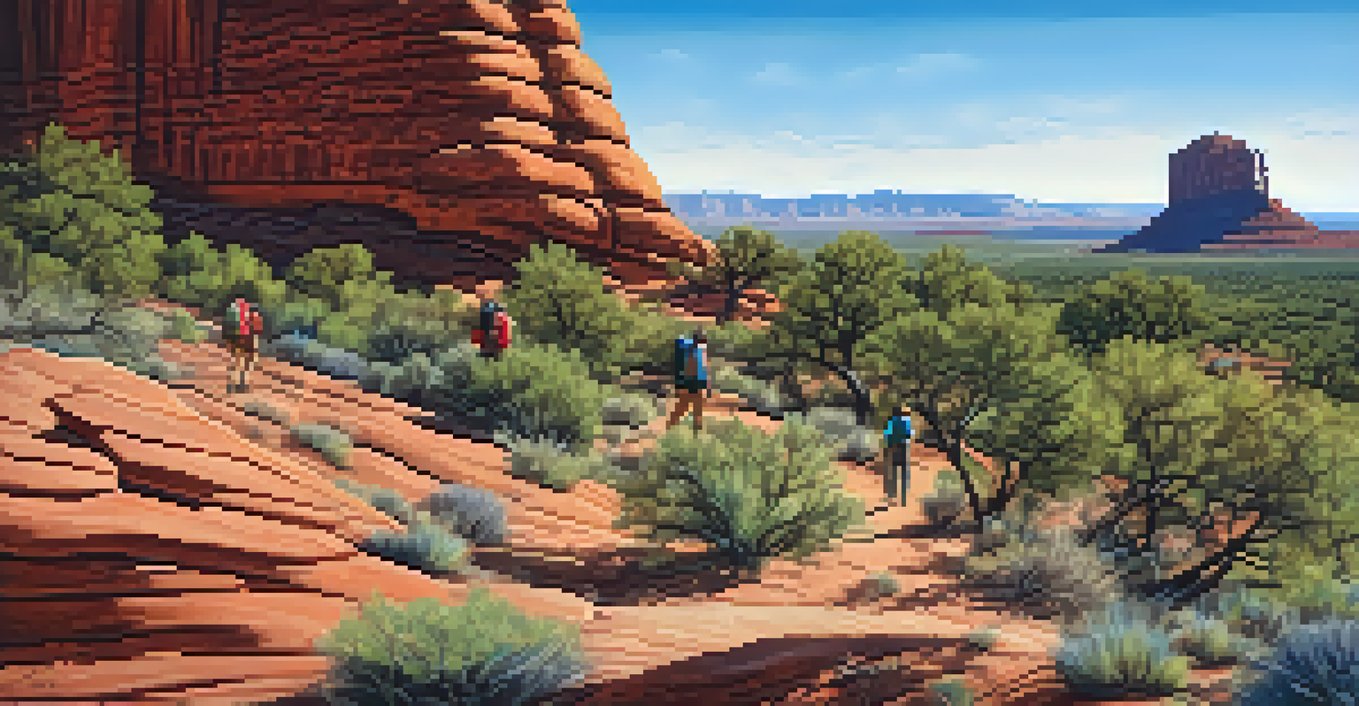 Hikers on a trail around Bell Rock with a bobcat resting on a rock in the background.
