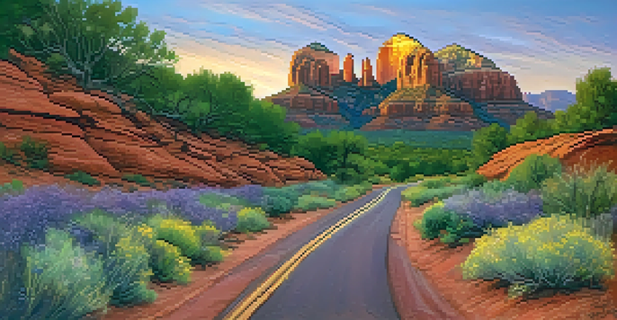 A scenic road winding through red rock formations at sunset, with vibrant colors in the sky and wildflowers in the foreground.