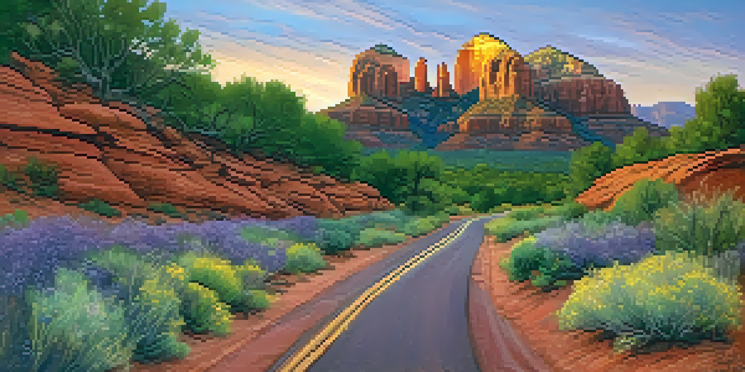 A scenic road winding through red rock formations at sunset, with vibrant colors in the sky and wildflowers in the foreground.