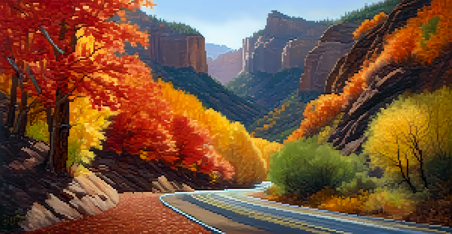 A scenic view of Oak Creek Canyon Drive with colorful autumn leaves and a gentle creek.