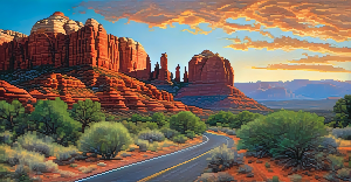 A sunset view of the Red Rock Scenic Byway with vibrant rock formations glowing in red and orange hues.