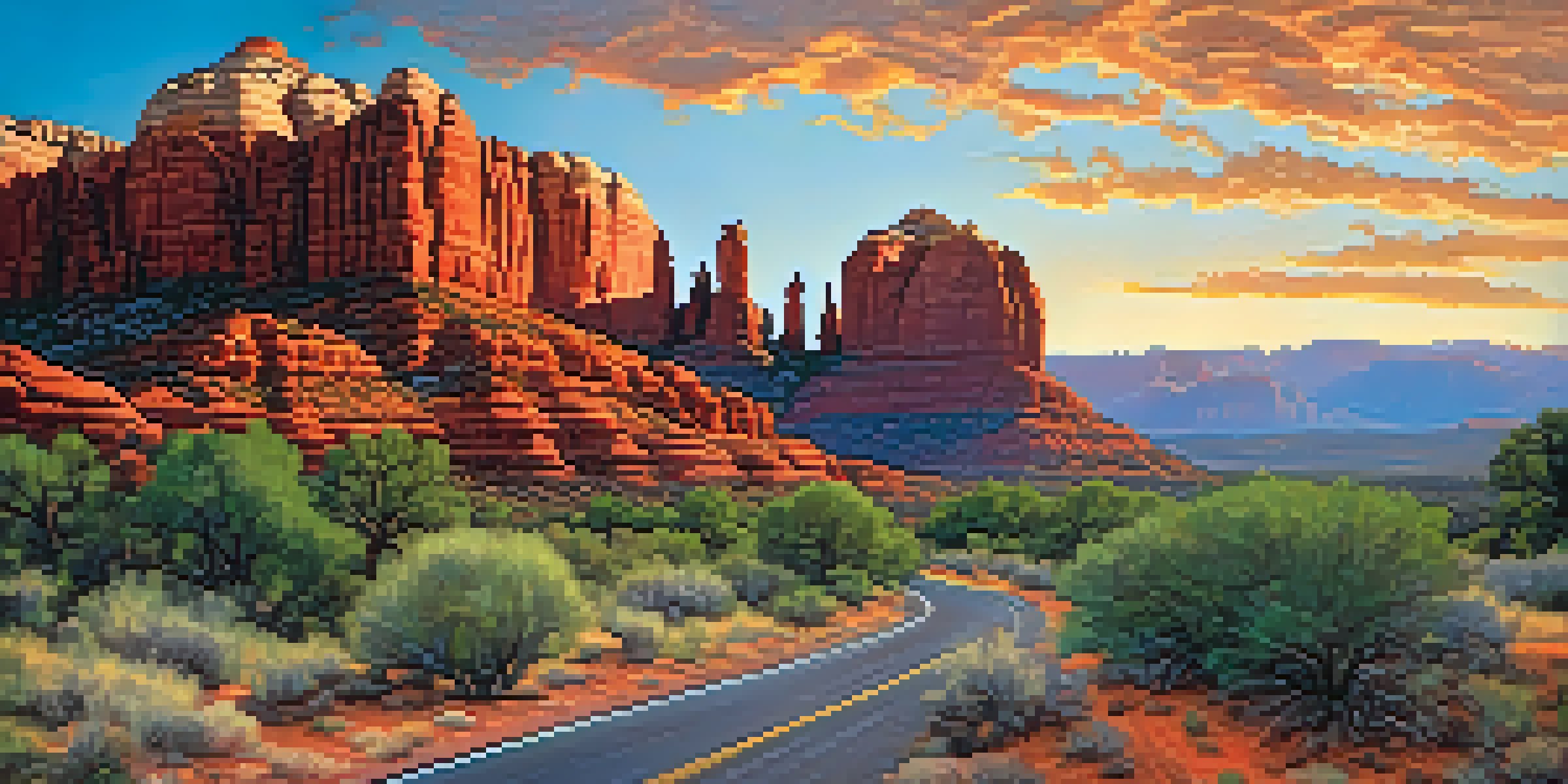A sunset view of the Red Rock Scenic Byway with vibrant rock formations glowing in red and orange hues.