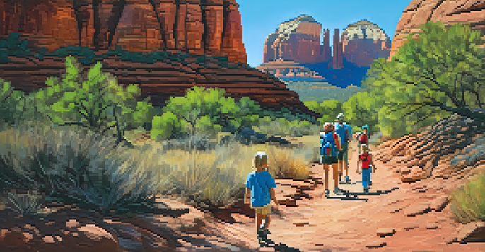 A family hiking on the Bell Rock Trail in Sedona, surrounded by red rock formations and a clear blue sky.