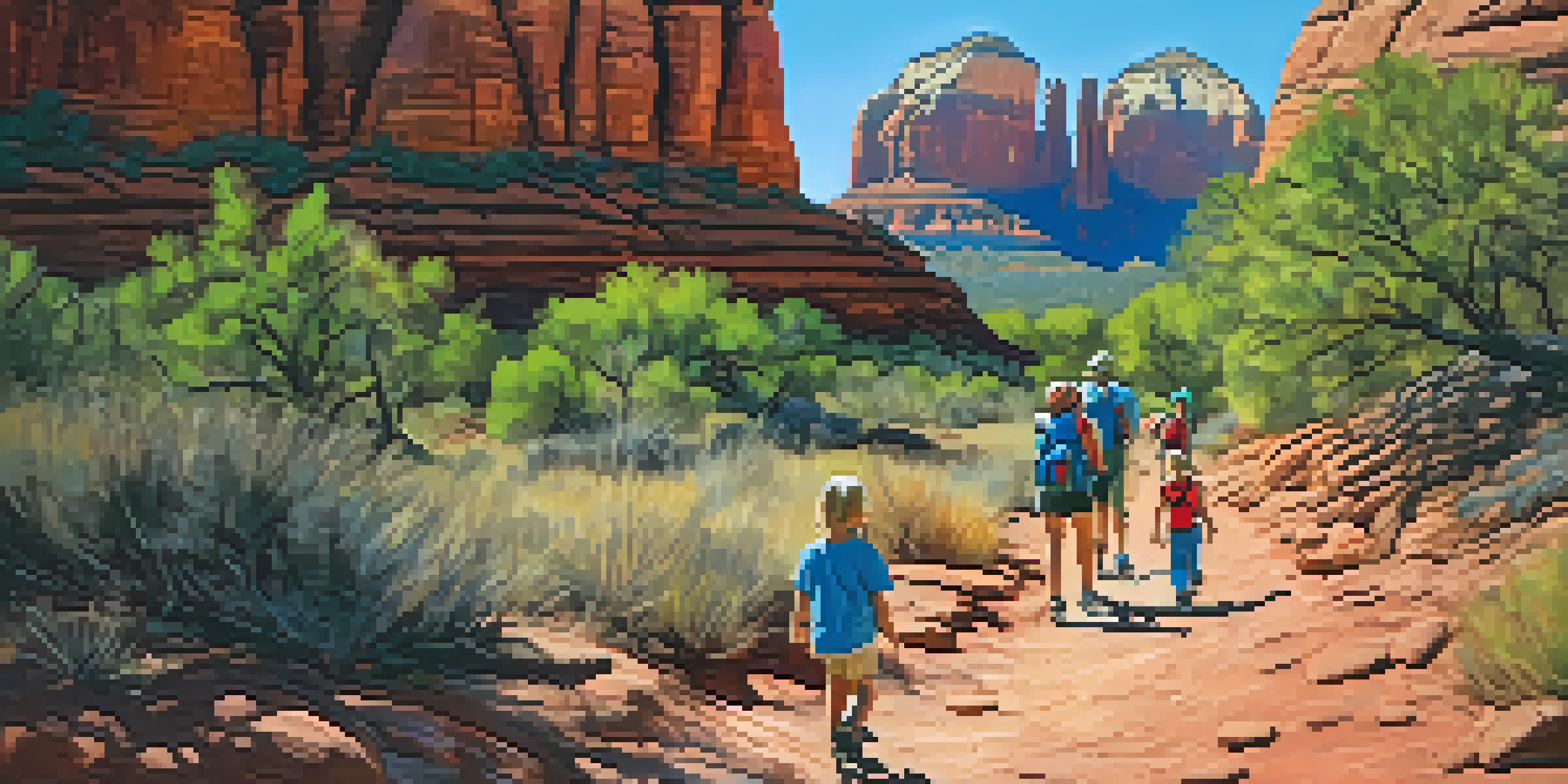 A family hiking on the Bell Rock Trail in Sedona, surrounded by red rock formations and a clear blue sky.