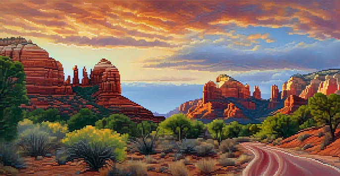 A panoramic view of Sedona's red rock formations during sunset, with warm colors illuminating Cathedral Rock and a winding hiking trail in the foreground.