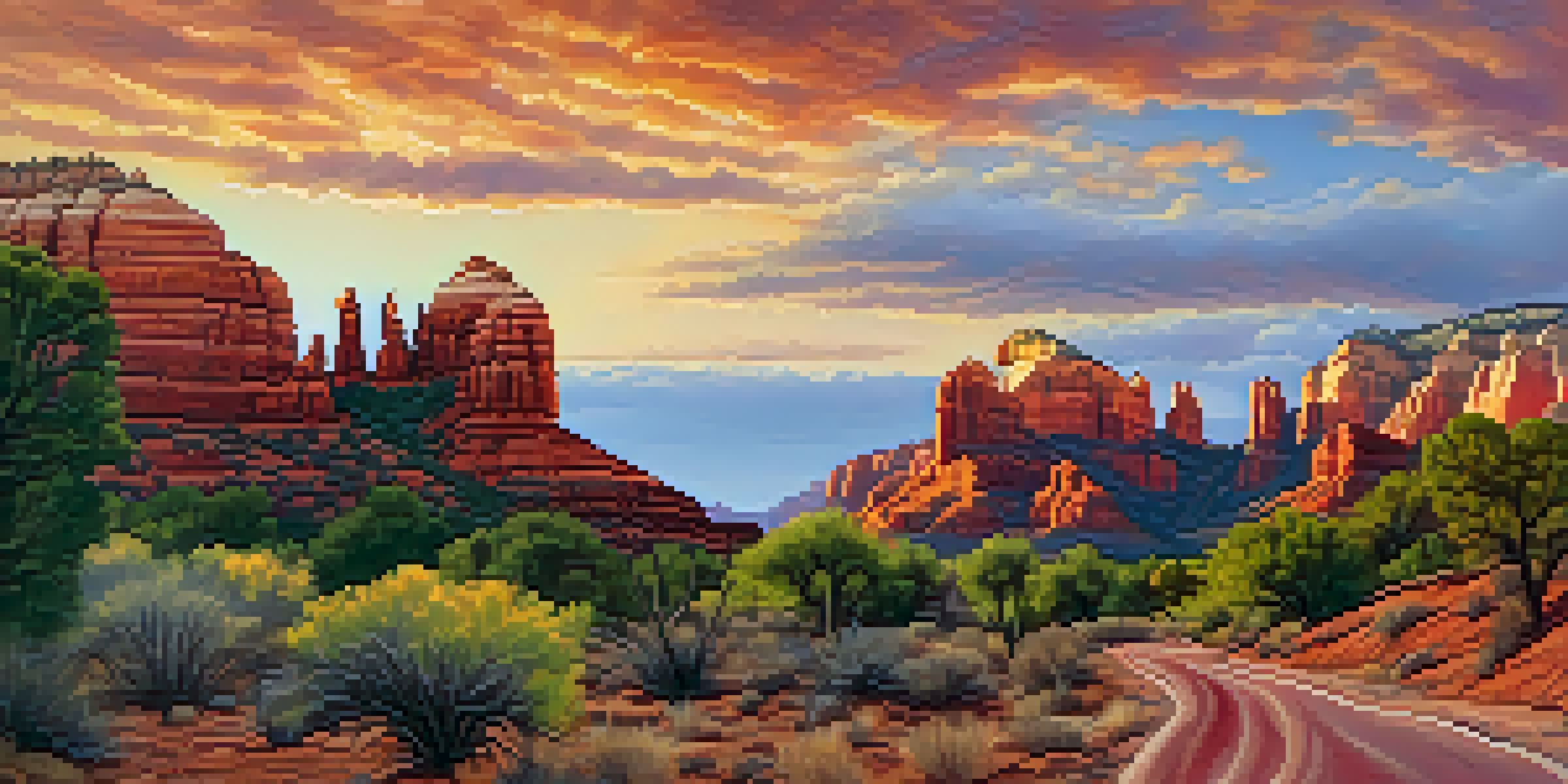A panoramic view of Sedona's red rock formations during sunset, with warm colors illuminating Cathedral Rock and a winding hiking trail in the foreground.