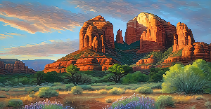 A beautiful sunrise in Sedona, showcasing red rock formations and colorful wildflowers in the foreground, with Cathedral Rock in the background.