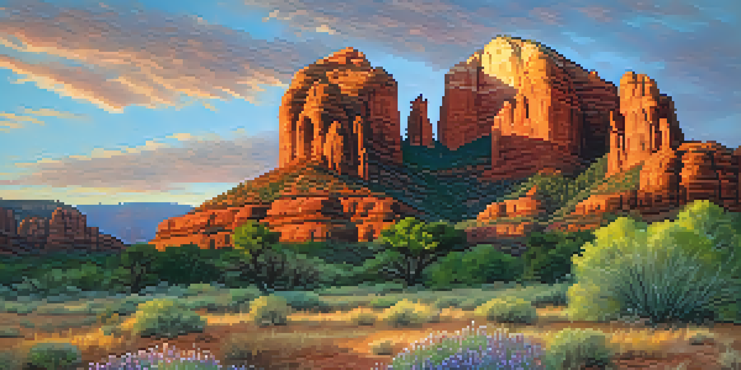 A beautiful sunrise in Sedona, showcasing red rock formations and colorful wildflowers in the foreground, with Cathedral Rock in the background.