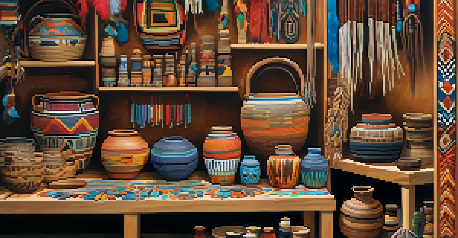 A booth at a festival showcasing handcrafted Native American pottery, beadwork, and textiles, displaying vibrant colors and intricate details.